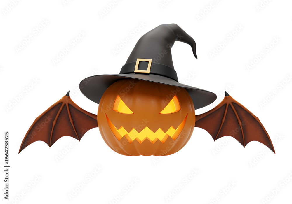 Naklejka premium Halloween Jackolantern with Witch Hat and Bat Wings isolated on transparent background