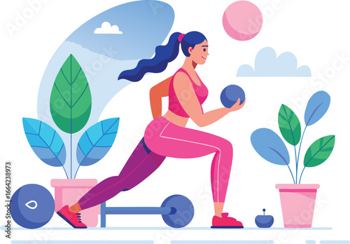 A woman in sportswear doing a lunge exercise with a ball and dumbbell indoors with plants