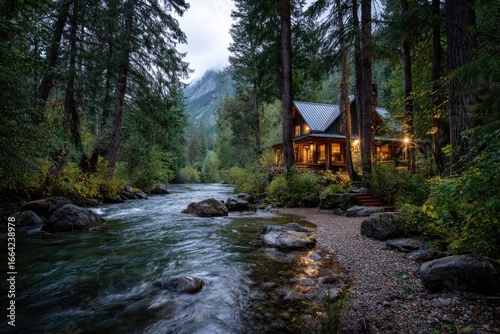 Rustic cabin nestled beside a tranquil river