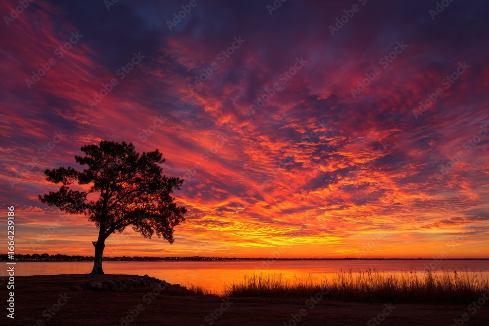 Fototapeta premium Sunrise over a tranquil river, silhouetted tree