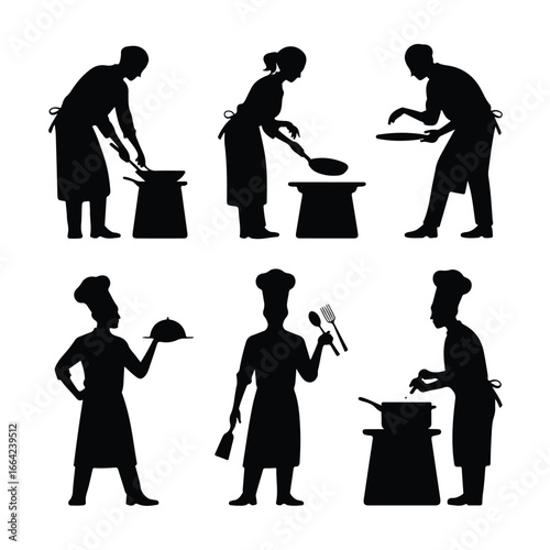 Silhouettes of chefs cooking and serving food with various kitchen utensils and equipment on white background