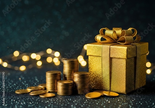 Golden gift box and stacked coins with blurred festive bokeh lights symbolizing wealth and celebration