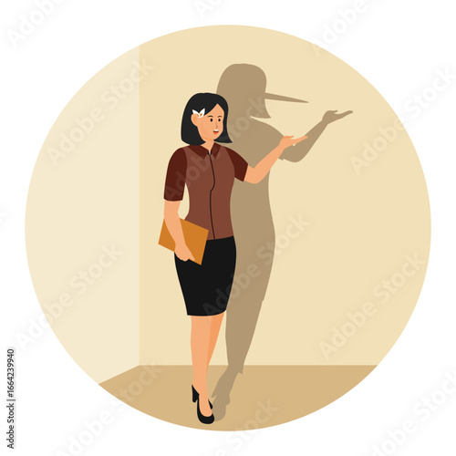 Cheating or hiding the truth concept. Dishonesty businessman lying with Pinocchio long nose shadow.