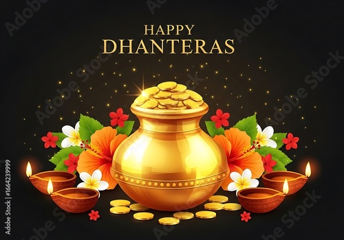 Happy dhanteras festival golden pot of wealth illuminated by diyas surrounded by flowers