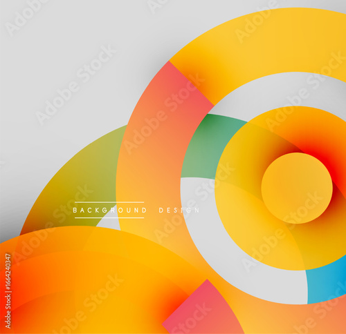 Abstract geometric shapes overlap, creating vibrant color gradients. Modern design utilizes transparency, layering for visual interest.