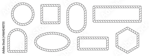Collection of Rope Border Shapes in Circle, Oval, Rectangle, Hexagon, and More. Vector