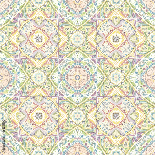 Seamless Pattern, Ornate pastel tile pattern with floral and geometric designs in soft hues Stock royalty free  image.