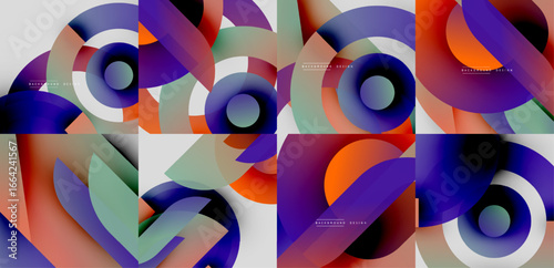 Abstract colorful designs. Overlapping circles create dynamic visual patterns. Gradient hues blend smoothly, offering modern aesthetic.