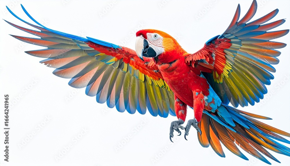 Fototapeta premium Scarlet Macaw in mid-flight with extended wings on white background.