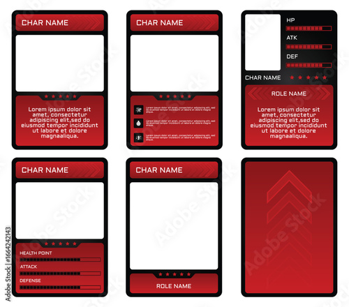 Modern game trading card templates with an red and black color. Customizable vector design for TCG, RPG, and character cards. Features slots for player name, stats, and description.