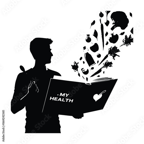 Nutrition coach silhouette with healthy food ingredients exploding from open book