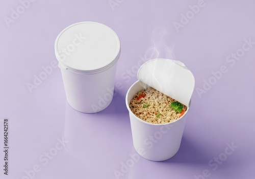 White disposable noodle cups mockup with steaming instant noodles perfect for packaging design inspiration