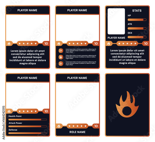 Modern game trading card templates with an orange gradient. Customizable vector design for TCG, RPG, and character cards. Features slots for player name, stats, and description, with a fire element.