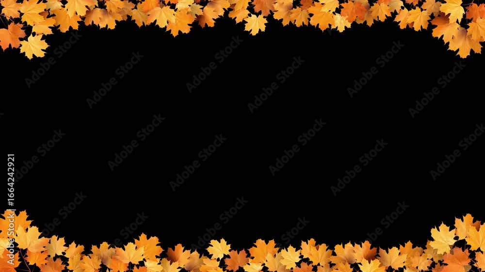 Animated frame border of autumn leaves arranged at the top and bottom of the screen with empty space in the center. Perfect for seasonal greetings, title cards, festive templates, Thanksgiving videos,