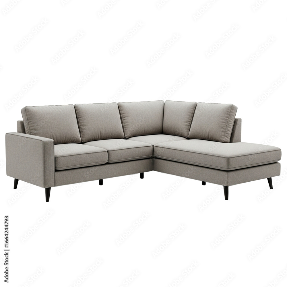 Fototapeta premium Modern light gray L shaped sectional sofa with chaise lounge isolated on a white background. PNG transparent