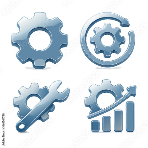 Modern gear icon set with technology, engineering, software, and management themes. Perfect for infographics, apps, and business presentations.