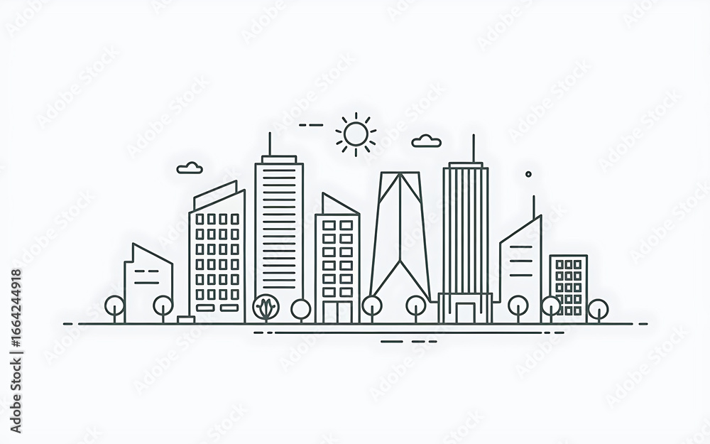 Fototapeta premium image is a minimalist line art illustration of a cityscape, featuring stylized skyscrapers, buildings, trees, and a serene atmosphere, focusing on geometric shapes and symmetry.