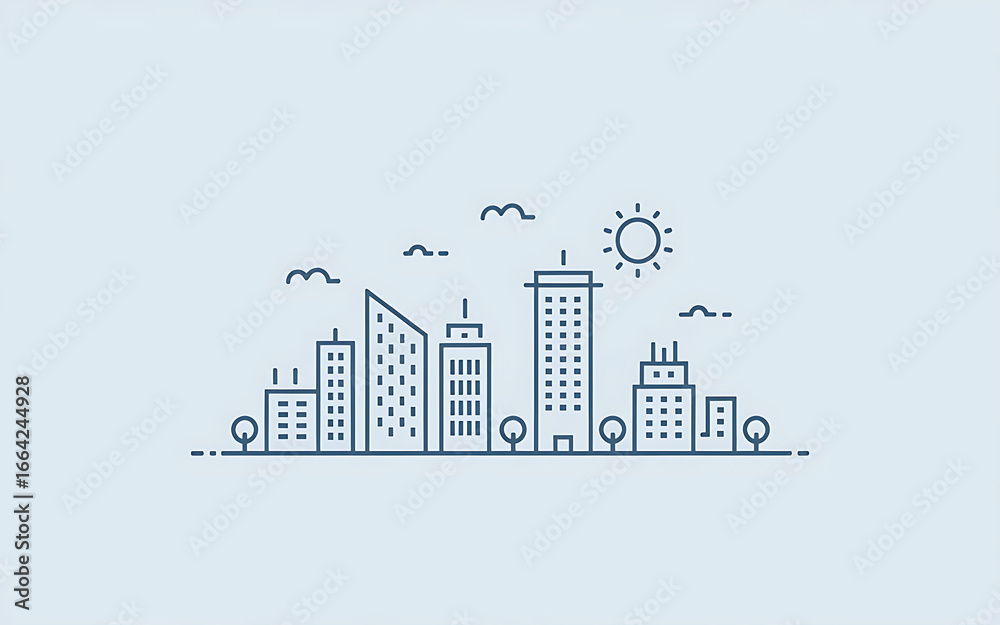 Obraz premium image is a minimalist line art illustration of a cityscape, featuring stylized skyscrapers, buildings, trees, and a serene atmosphere, focusing on geometric shapes and symmetry.
