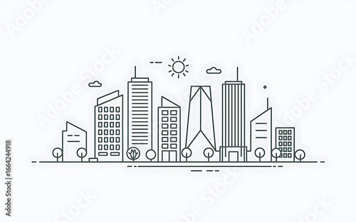  image is a minimalist line art illustration of a cityscape, featuring stylized skyscrapers, buildings, trees, and a serene atmosphere, focusing on geometric shapes and symmetry.