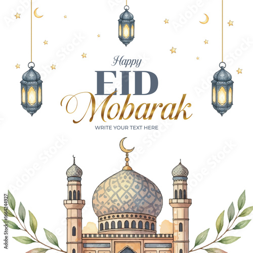 Eid mubarak text islamic festival greeting card eid post background with lantern and mosque decoration