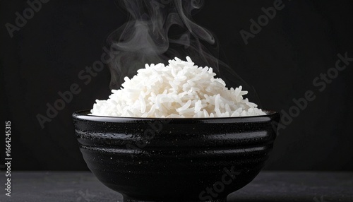 Steaming white rice in black bowl on dark background.