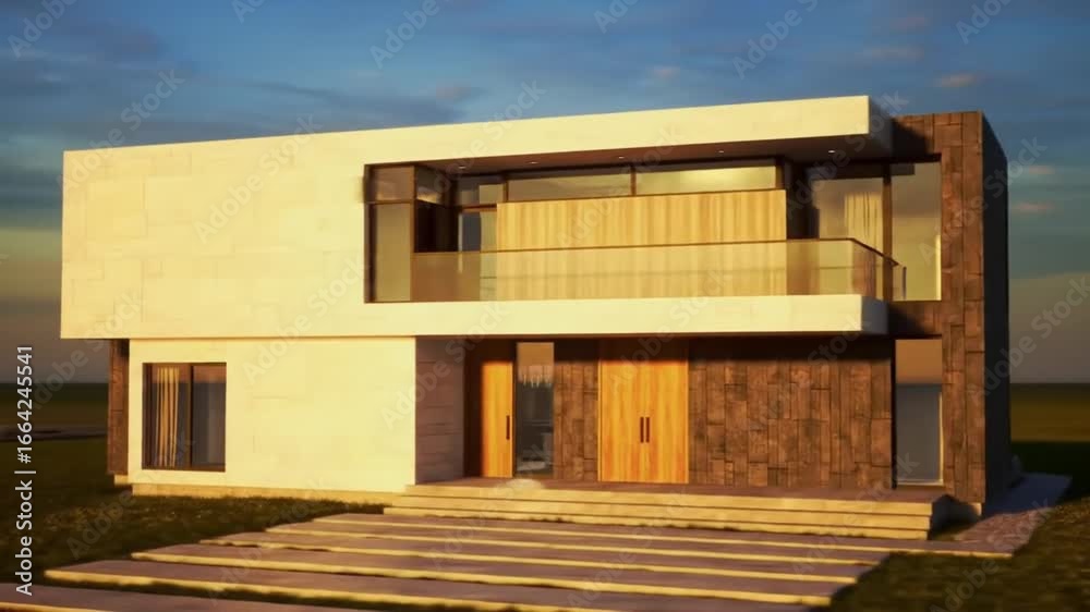 Exterior view of a modern two story house with a flat roof and a green ...