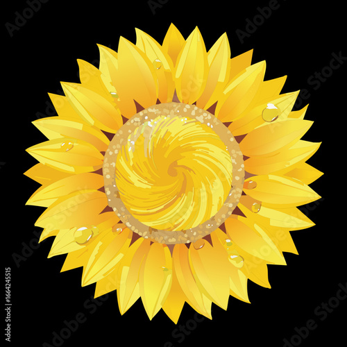 Hypnotic swirling illustration of a sunflower with water droplets covering its petals and central disk	