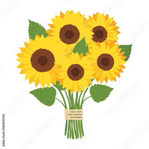 A rustic, hand-tied bouquet of golden sunflowers, with their beautiful green leaves and bright yellow petals against a clean white background