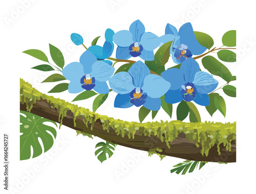 Beautiful Blue Orchid Flowers on a Mossy Log