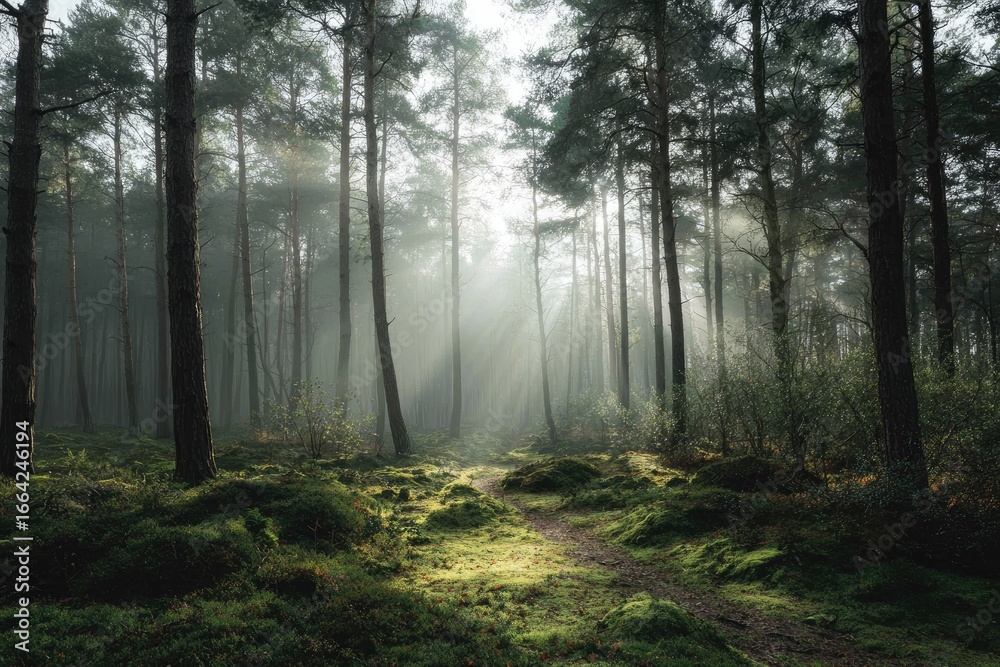 Obraz premium Sunbeams piercing a misty forest path