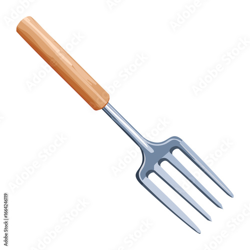 Simple and elegant vector illustration of a single metal hand fork with a sleek wooden handle, isolated on a clean white background, perfect for a logo or icon