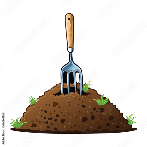 Detailed digital artwork of a steel hand fork with a textured wooden handle, partially buried in a small mound of textured soil and green grass, for gardening and farming themes