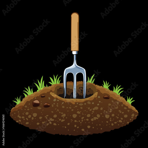 A close-up view of a metal hand fork with a wooden handle, firmly stuck in a mound of rich, dark brown soil, perfect for gardening illustrations
