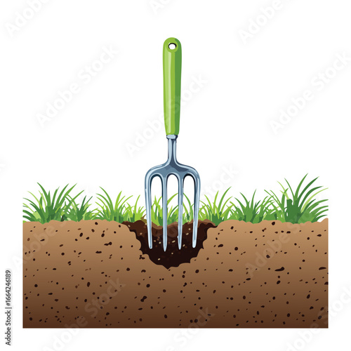 A vibrant digital illustration of a wooden-handled gardening fork standing firmly in a patch of green grass with a hole in the ground, perfect for planting or digging themes