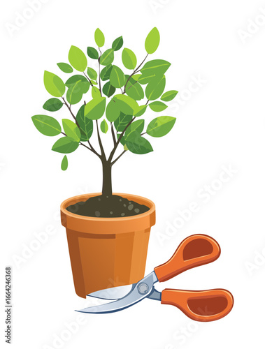 Home Gardening Pruning Tool Near a Potted Bush Illustration