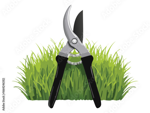 Hand Pruning Tool Placed on a Round Fluffy Green Grass.
