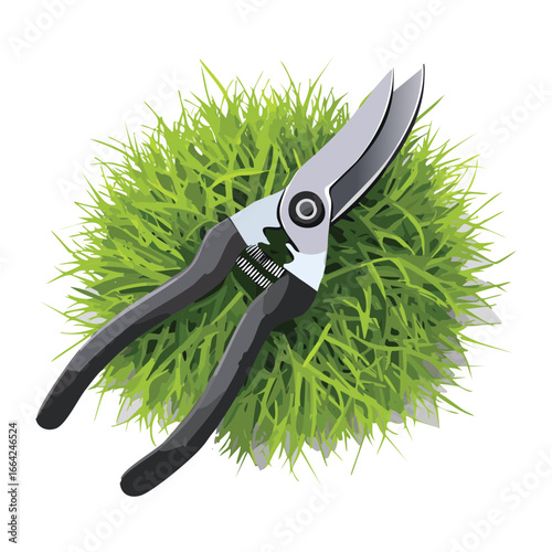 Metal Pruning Shears in the Center of a Green Grass Bush.

