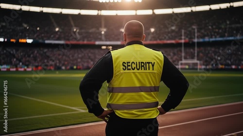Stadium Security Guard Observes Crowd, Protecting Event, Safety.