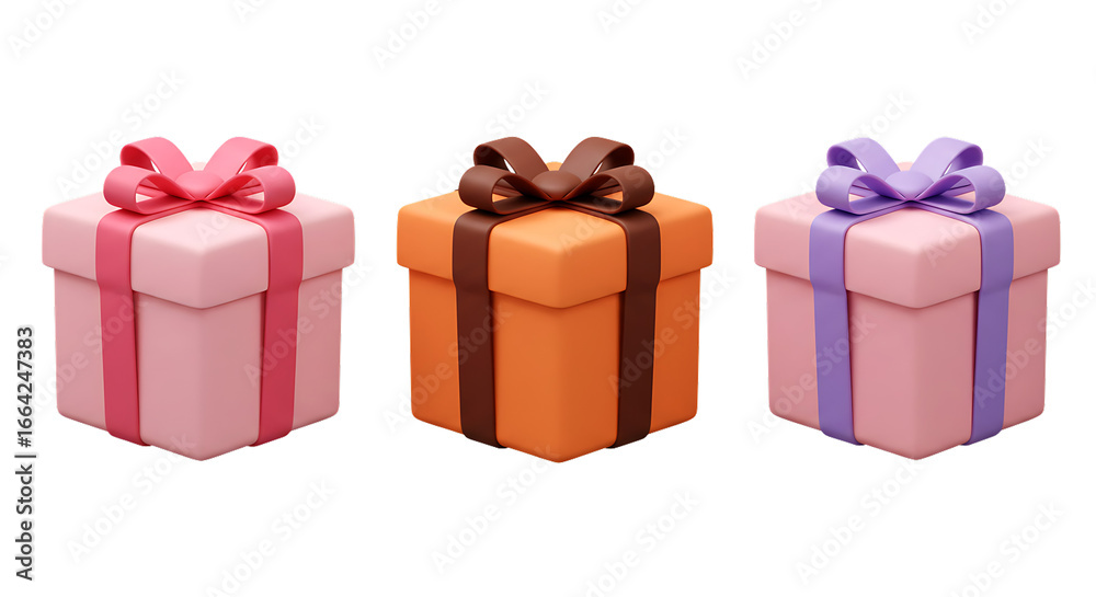 Obraz premium Three colorful wrapped presents with ribbons isolated on a transparent background gifts boxes