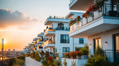 Modern waterfront apartments at sunset with blooming balcony flowers and lush greenery, creating a serene and luxurious residential atmosphere.