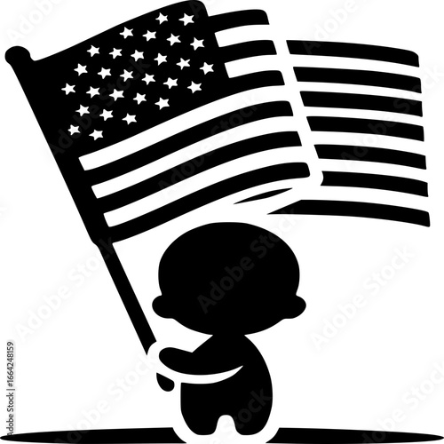 Patriotic Baby and American Flag: A stylized image depicts a baby cheerfully holding a waving United States flag, filled with pride, perfect for Independence Day.