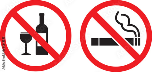 No Smoking and No Alcohol Icons – Red Prohibition Sign Symbols for Health and Safety Warning, Editable Vector on White Background