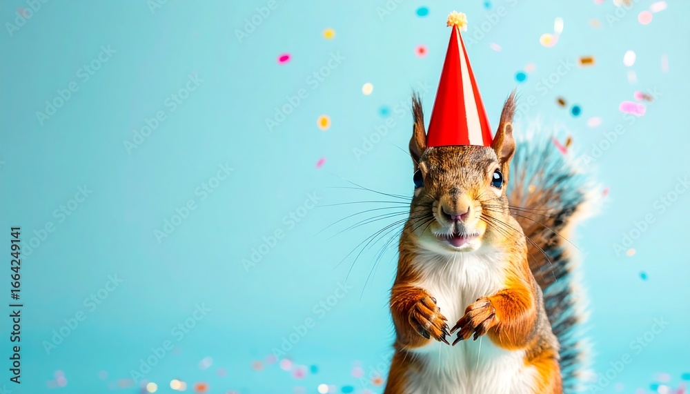 Obraz premium A playful squirrel, adorned with a festive party hat, stands amidst a celebratory backdrop of colorful confetti, showcasing a cheerful and jubilant mood.