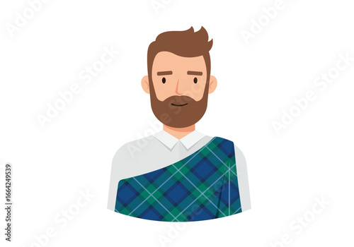 Cartoon Man with Beard Wearing Plaid Kilt Over Shoulder