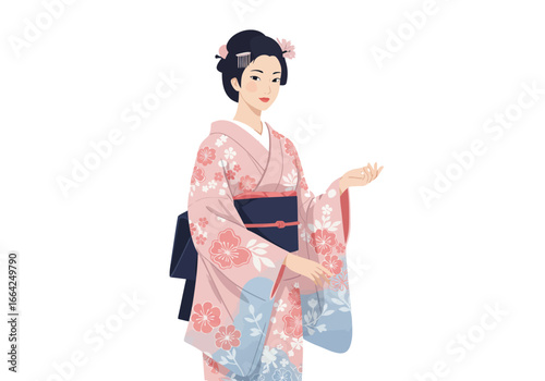 Elegant Woman in Pink Floral Kimono Illustration