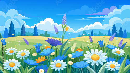 Vector art of peaceful summer landscape with daisies and blue flowers in a green field under a cloudy blue sky, perfect for backgrounds