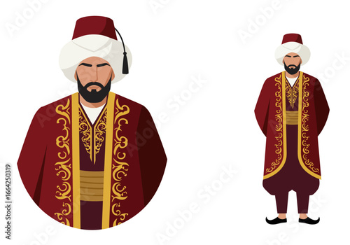 Ottoman Man in Traditional Dress with Turban and Embroidered Robe
