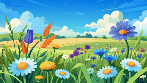 Vector art of scenic spring landscape with blooming flowers in a field, blue sky, and green hills, perfect for a peaceful and idyllic countryside scene