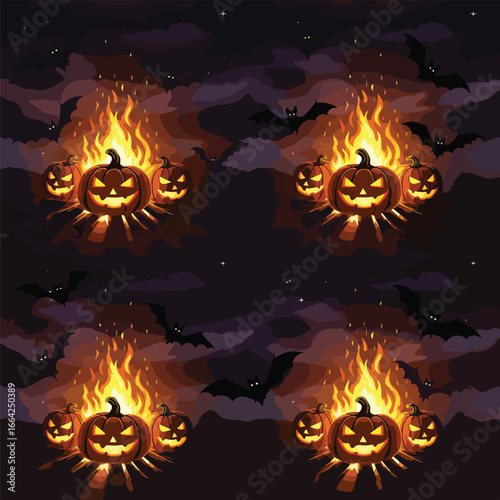Seamless Pattern, Halloween night scene featuring spooky pumpkins illuminated by flickering firelight Stock royalty free.