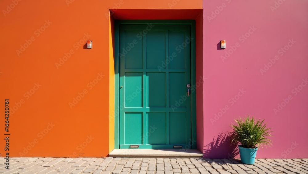 Vibrant teal door framed by vibrant orange and pink walls, creating a bold and cheerful facade. Vibrant teal door framed by vibrant orange and pink walls, creating a bold and cheerful facade.